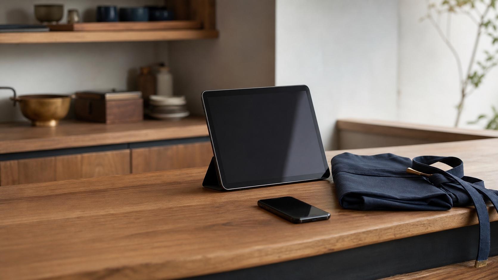 飲食店の事務スペースに置かれたタブレットとスマートフォン