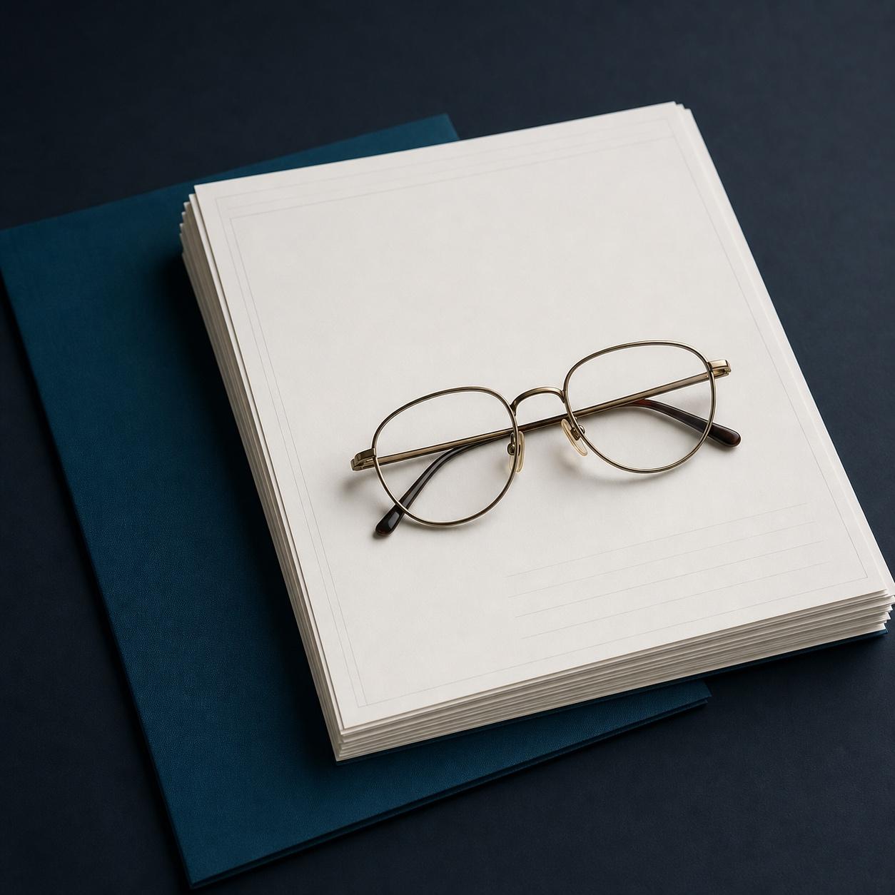 封をする前の請求書の束と、その上に置かれた眼鏡